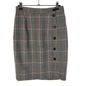 H&M Black & Red Houndstooth Plaid Button Side Knee Length Pencil Skirt 4